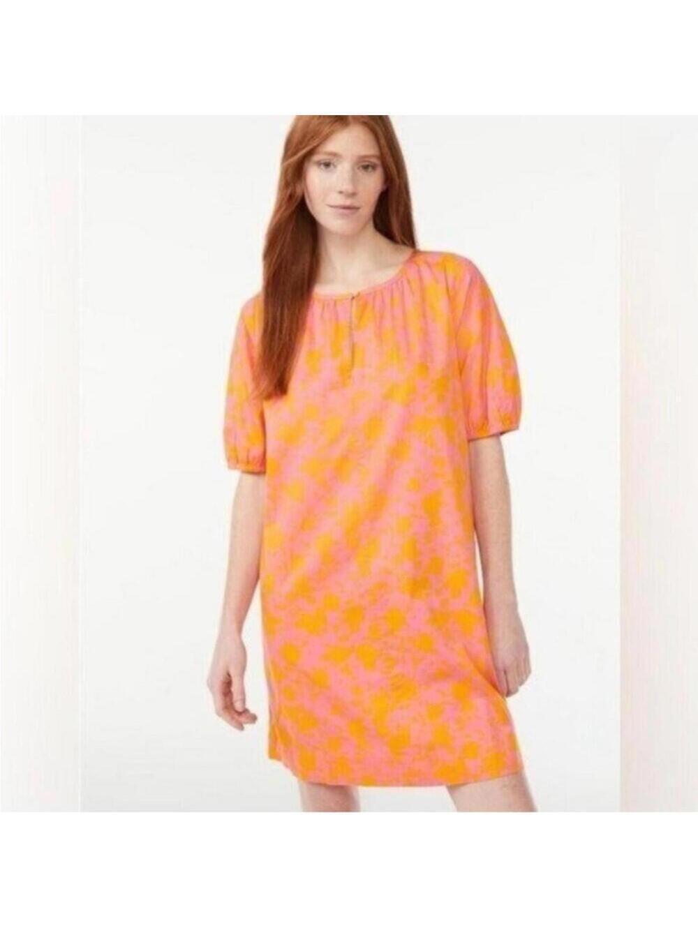 Free Assembly Pink and Orange Floral Shirred Short Sleeve Dress Pockets